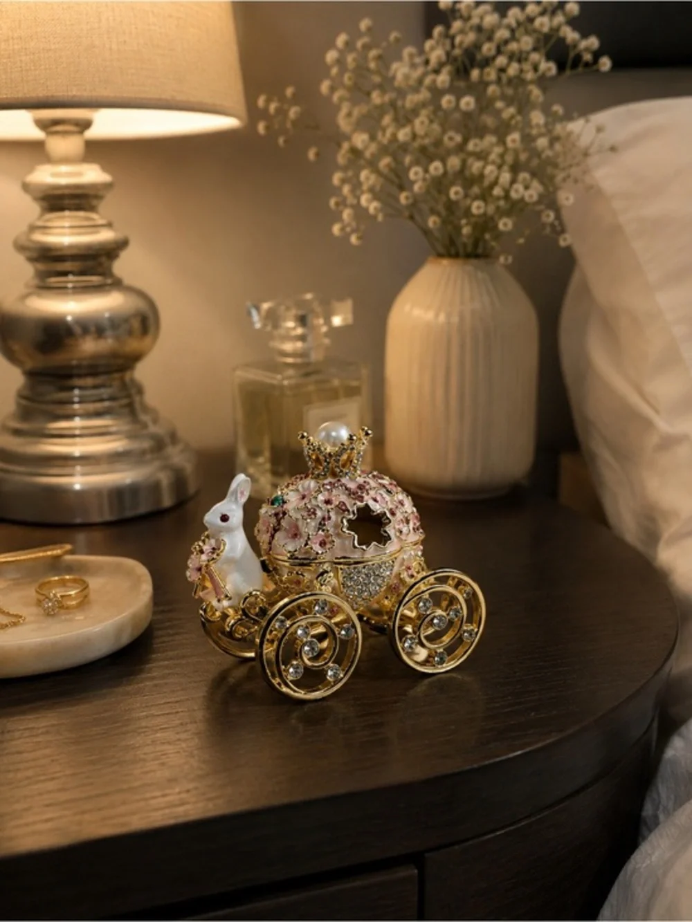 Gold & Pink Crystal Bunny Carriage Trinket Box NWT Easter Fairy Tale Decor
